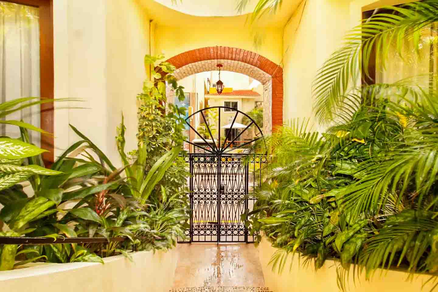 Living room corner in Condo 103 with tropical-themed decor