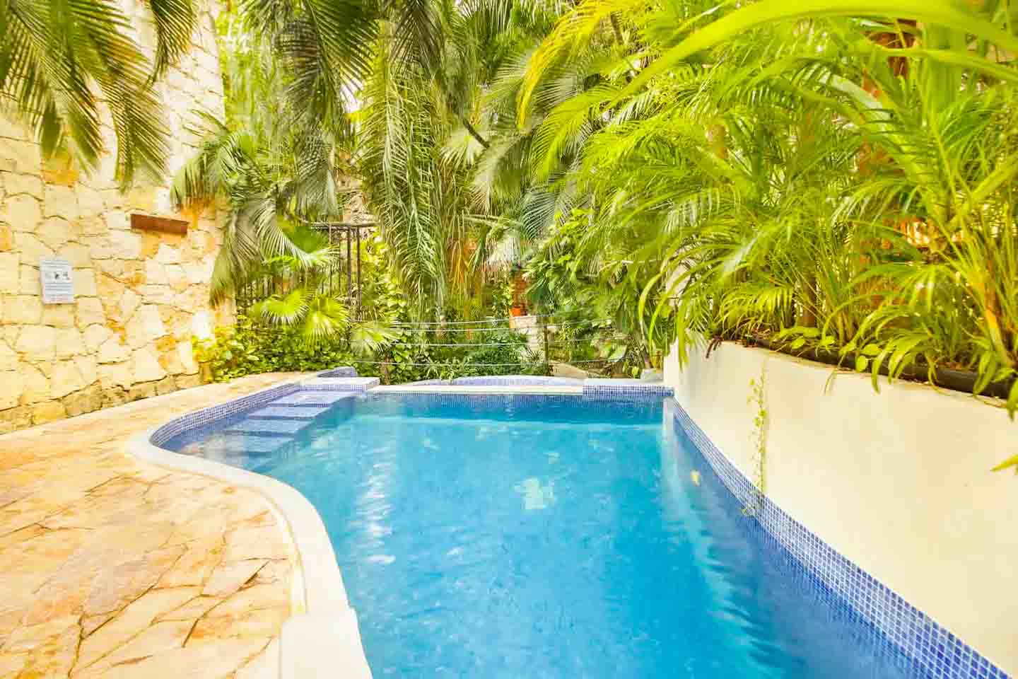 Outdoor walkway near Condo 103 surrounded by lush vegetation